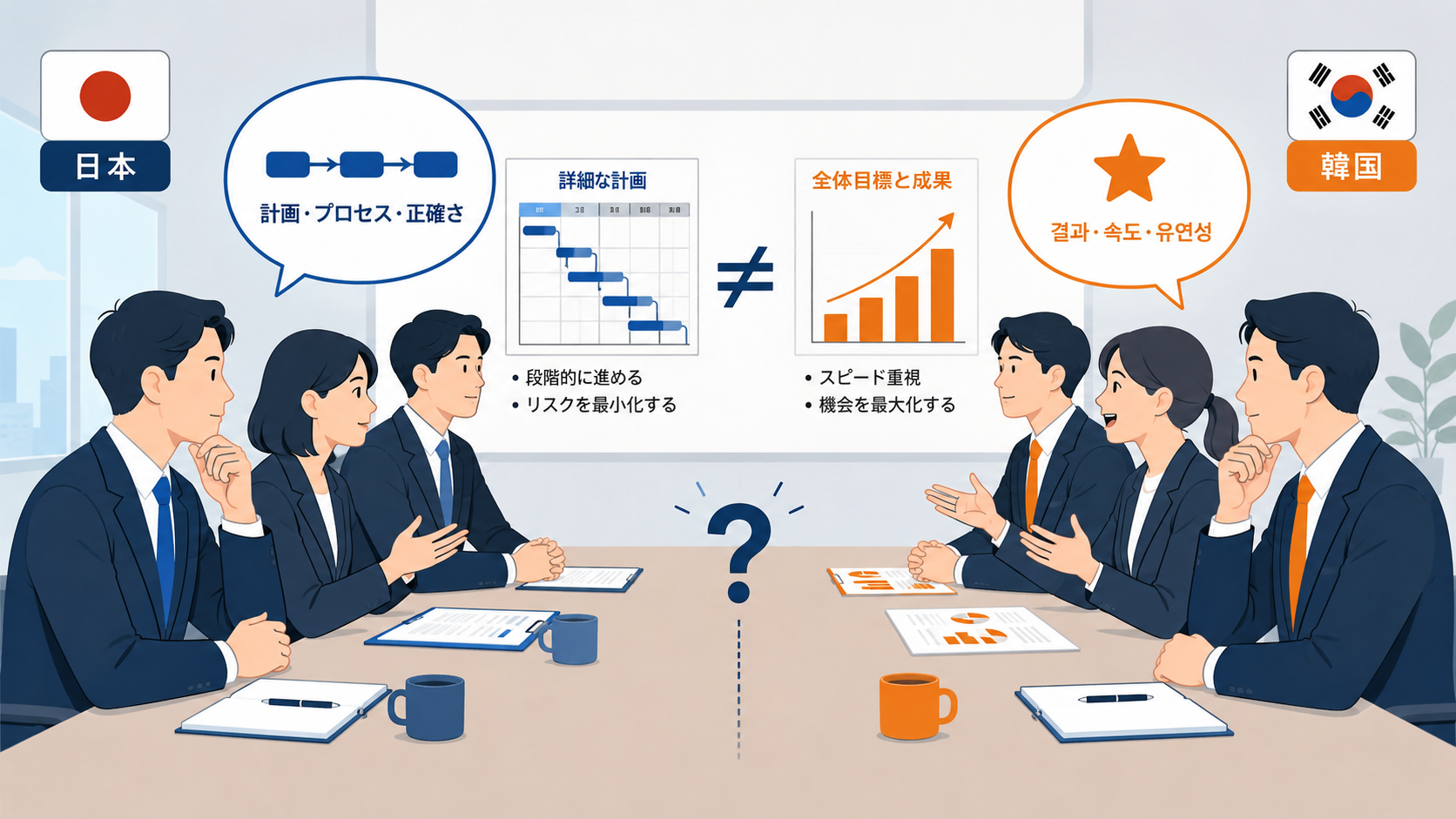 日本企業と韓国企業の商談における認識のズレを示すビジネスシーンのイラスト